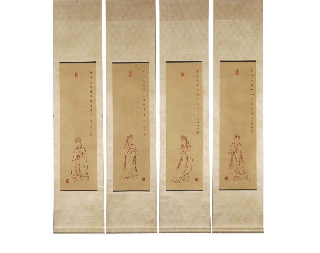 Master Hongyi (1880-1942) Cinnabar Guanyin Four-Screen Scroll: Height:102cm(40.16in), Width:29cm(11.42in)Set of four hanging scrolls, ink and cinnabar on silk, by Master Hongyi (Li Shutong).White-line Guanyin portraits drawn in vermilion pigment, each paired