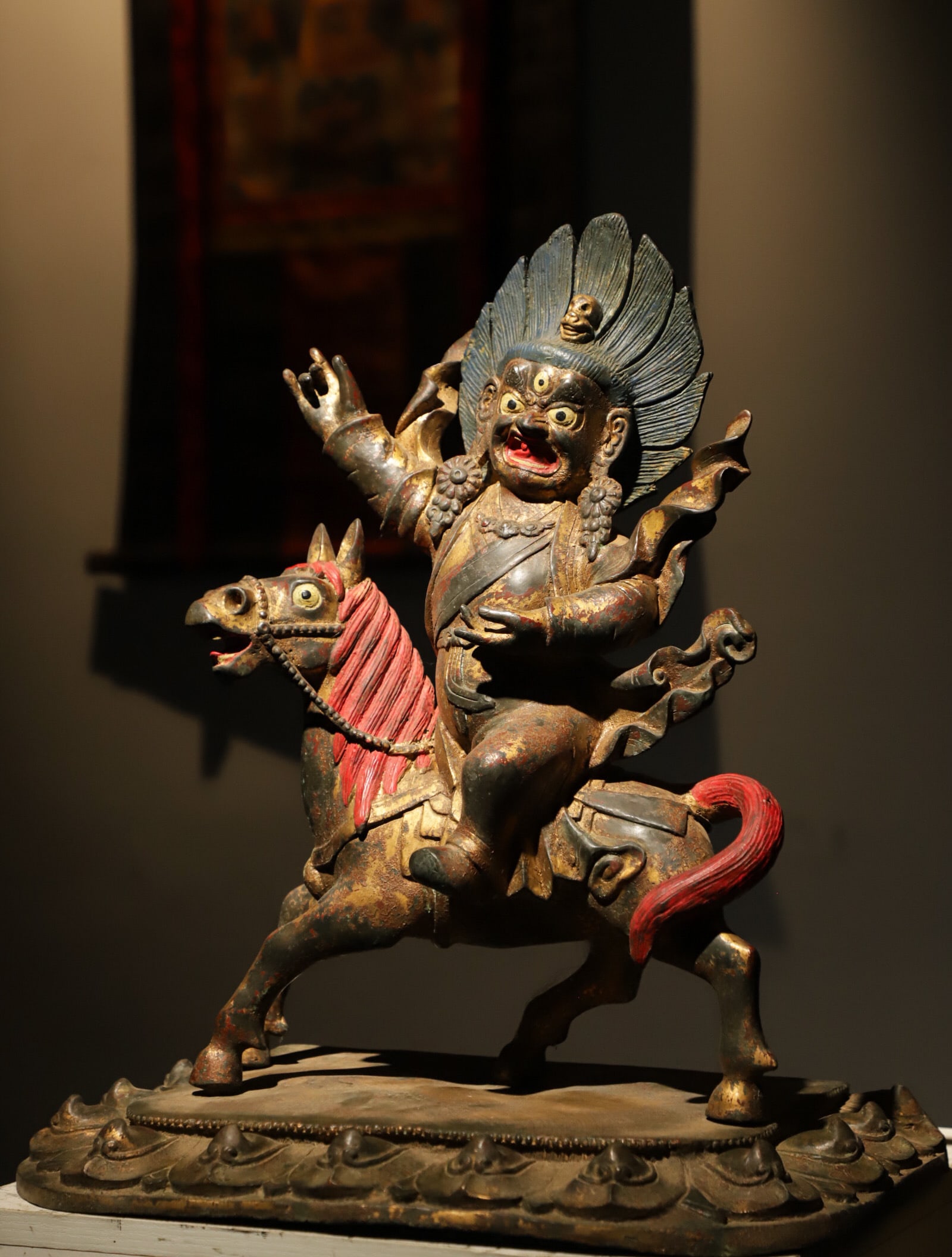 Qing Dynasty horse-riding Guardian statues: Weight:10500g (23.149lb), Height:48cm(18.90in), Long:42cm(16.54in), Width:26cm(10.24in)Mid-to-late Qing Dynasty Tibetan-Han integrated sculptural style, solid casting, primitive layered polychrome,