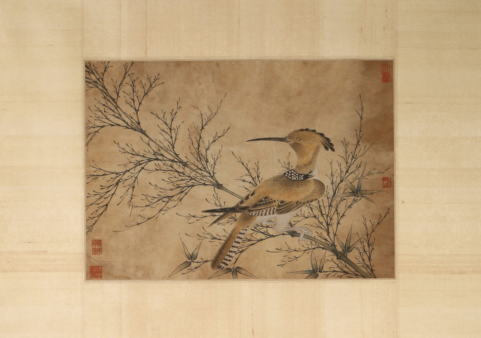 Yuan Dynasty, Painting Of Hoopoe On Withered Bamboo: Painting L 43cm (16.93 in); Painting W 31cm (12.20 in)Yuan Dynasty colored painting on paper. Depicts a hoopoe perching on withered bamboo. Fine lines render bird feathers, bamboo branches are powerfu