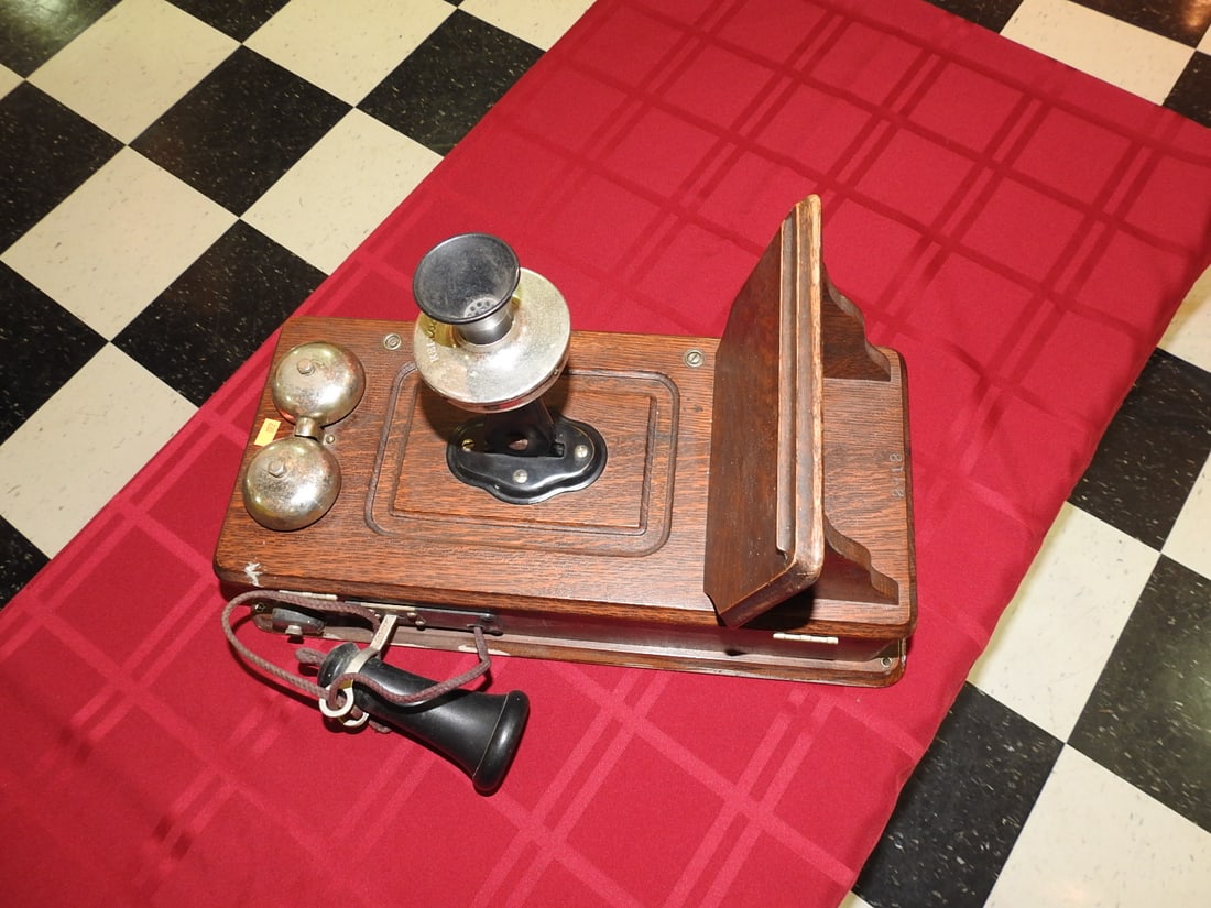 Antique Oak Desk Telephone with Bells (1 of 5)