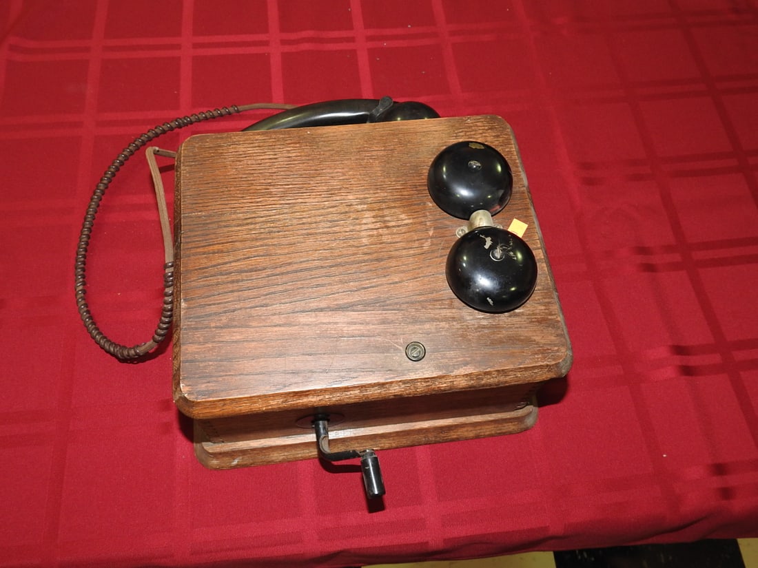 Antique Oak Magneto Desk Telephone with Double Bells (1 of 4)