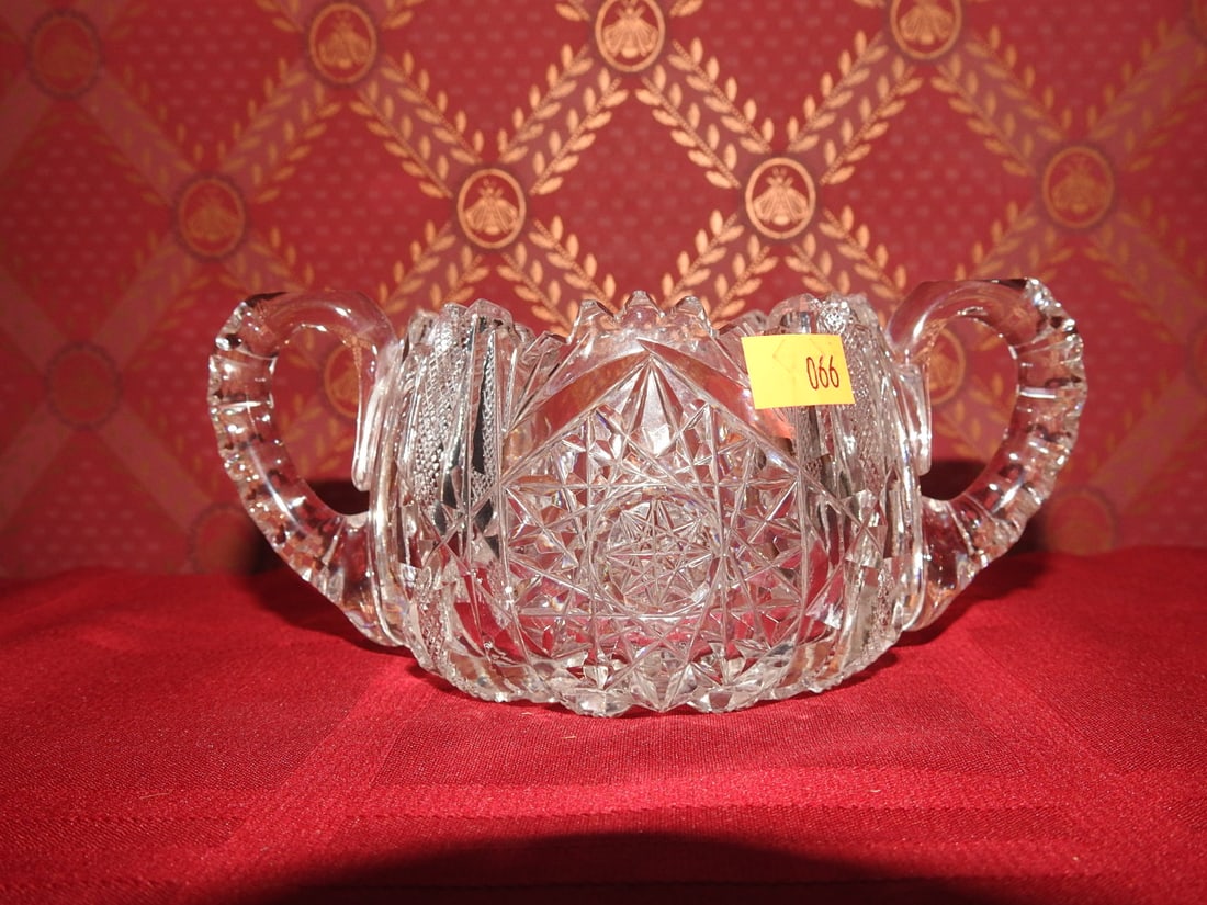 Cut Crystal Covered Sugar Bowl with Lid: Vintage hand-cut crystal covered sugar bowl with double handles, matching lid and fan/hobstar style decoration. Approx. 2.5 x 3.5 x 6 in. Unmarked unless otherwise noted; maker/pattern attribution is 