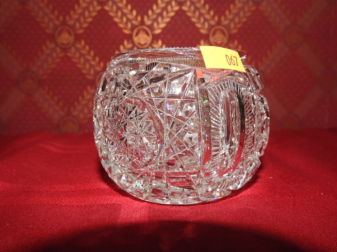 Cut Crystal Toothpick Holder: Vintage cut crystal toothpick holder or small cup with geometric cut panels and scalloped rim. Approx. 2.5 x 3 x 3 in. Unmarked unless otherwise noted; maker/pattern attribution is based on visible