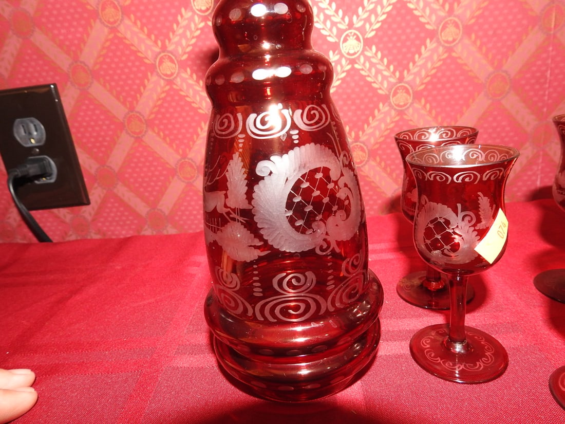 Ruby Flashed Etched Decanter with Six Cordials - 3