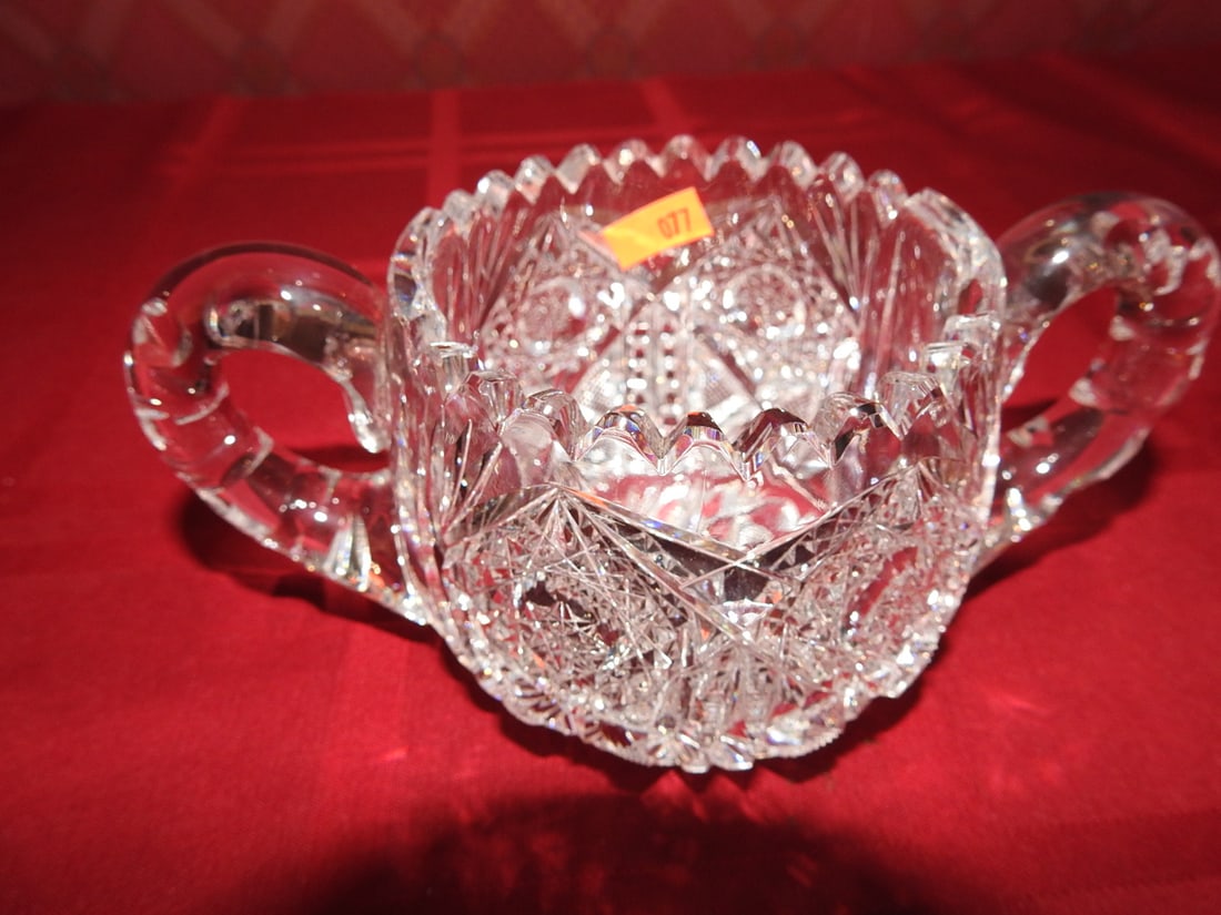 Cut Crystal Double-Handled Sugar Bowl, No Lid: Vintage cut crystal double-handled sugar bowl with geometric cut panels; lid not included. Approx. 3 x 3.5 x 7.5 in. Unmarked unless otherwise noted; maker/pattern attribution is based on visible