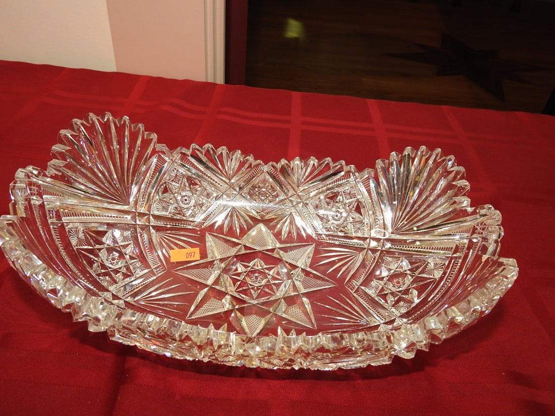 ABP Cut Glass Oval Celery / Serving Tray: American Brilliant Period hand-cut glass oval celery or serving tray with hobstar, fan and geometric cut decoration. Approx. 3.25 x 11.5 x 7 in. Unmarked unless otherwise noted; maker/pattern attribut