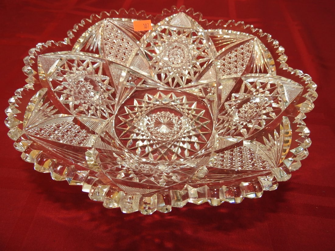 Large ABP Cut Glass Berry / Fruit Bowl: Large American Brilliant Period hand-cut glass berry or fruit bowl with hobstar/fan panels and scalloped rim. Approx. 3 x 9.5 x 9.5 in. Unmarked unless otherwise noted; maker/pattern attribution is ba
