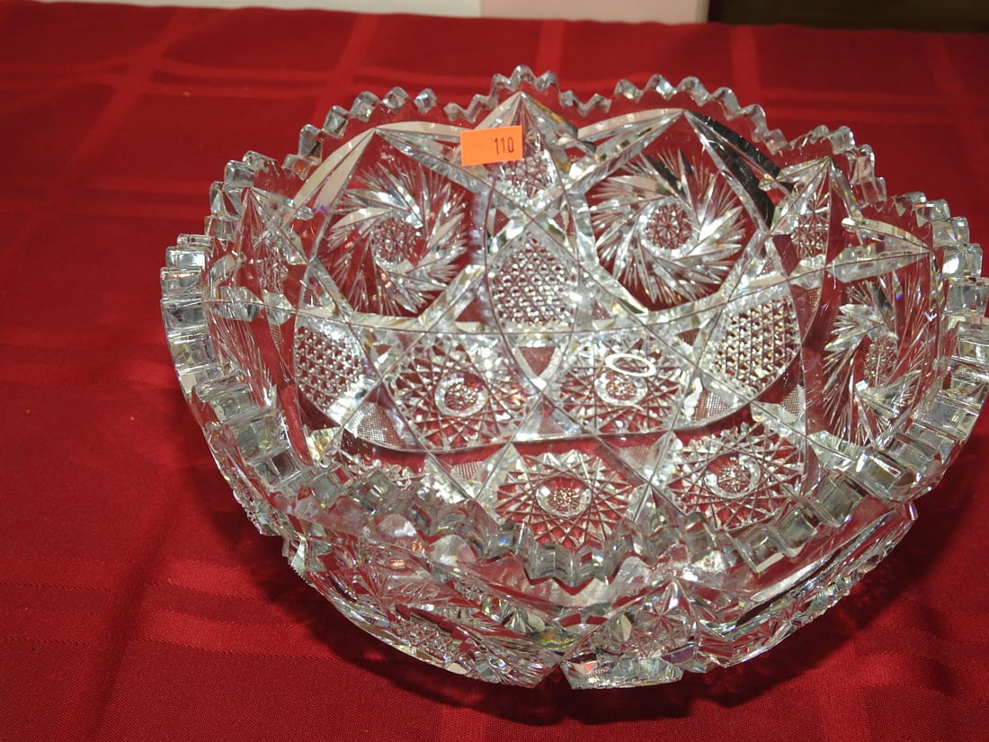 ABP Cut Glass Round Berry / Fruit Bowl: American Brilliant Period hand-cut glass round berry or fruit bowl with hobstar and geometric cut panels. Approx. 4 x 8 x 8 in. Unmarked unless otherwise noted; maker/pattern attribution is based on v