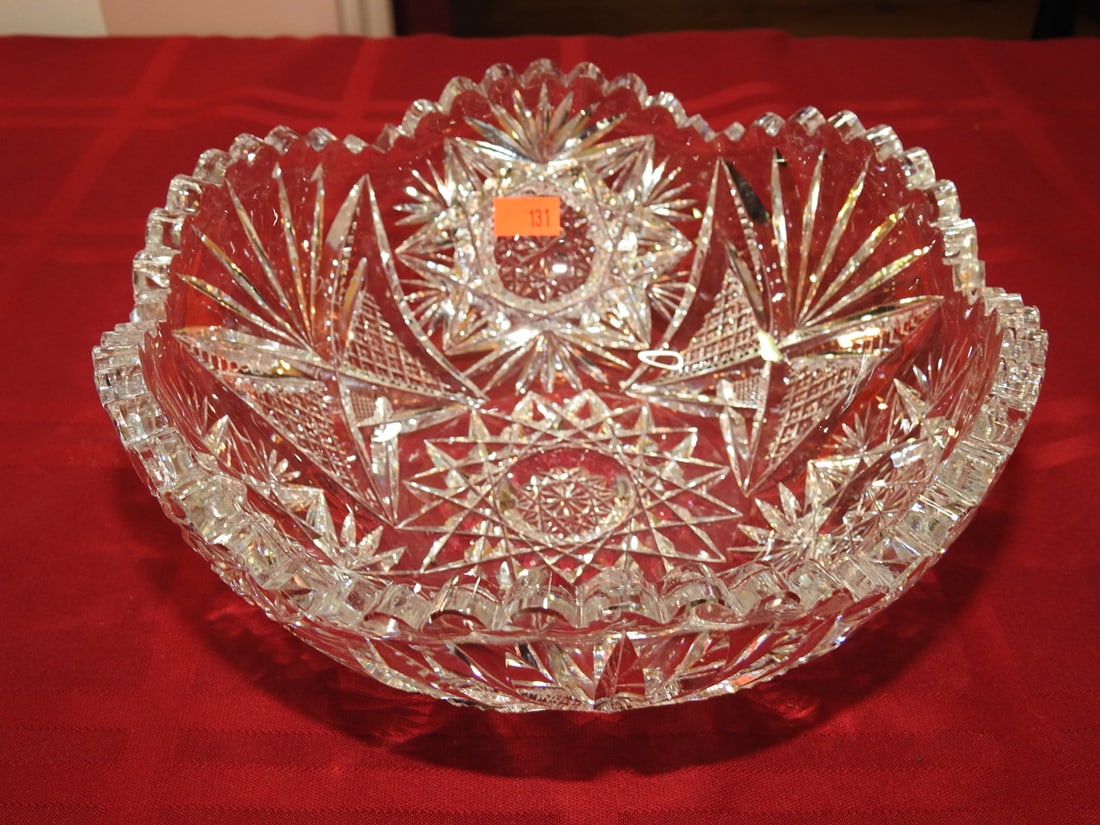 ABP Russian Pattern Centerpiece Bowl: American Brilliant Period hand-cut glass centerpiece bowl in a Russian-style pattern with hobstar and geometric panels. Approx. 3.28 x 8 x 8 in. Unmarked unless otherwise noted; maker/pattern attribut