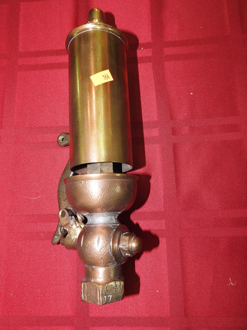 Brass Steam Whistle with Valve Body: Vintage brass steam whistle with valve body and threaded fitting. Approx. 12 x 3.75 x 3 in. Function not tested. Shows age-related wear, patina, finish wear, oxidation, surface scratches and handling 