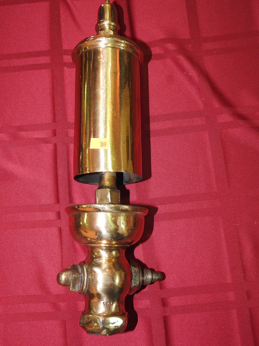 Brass Steam Whistle with Valve: Vintage brass steam whistle with valve and threaded fitting. Approx. 15 x 4.5 x 3 in. Function not tested. Shows age-related wear, patina, finish wear, oxidation, surface scratches and handling wear c