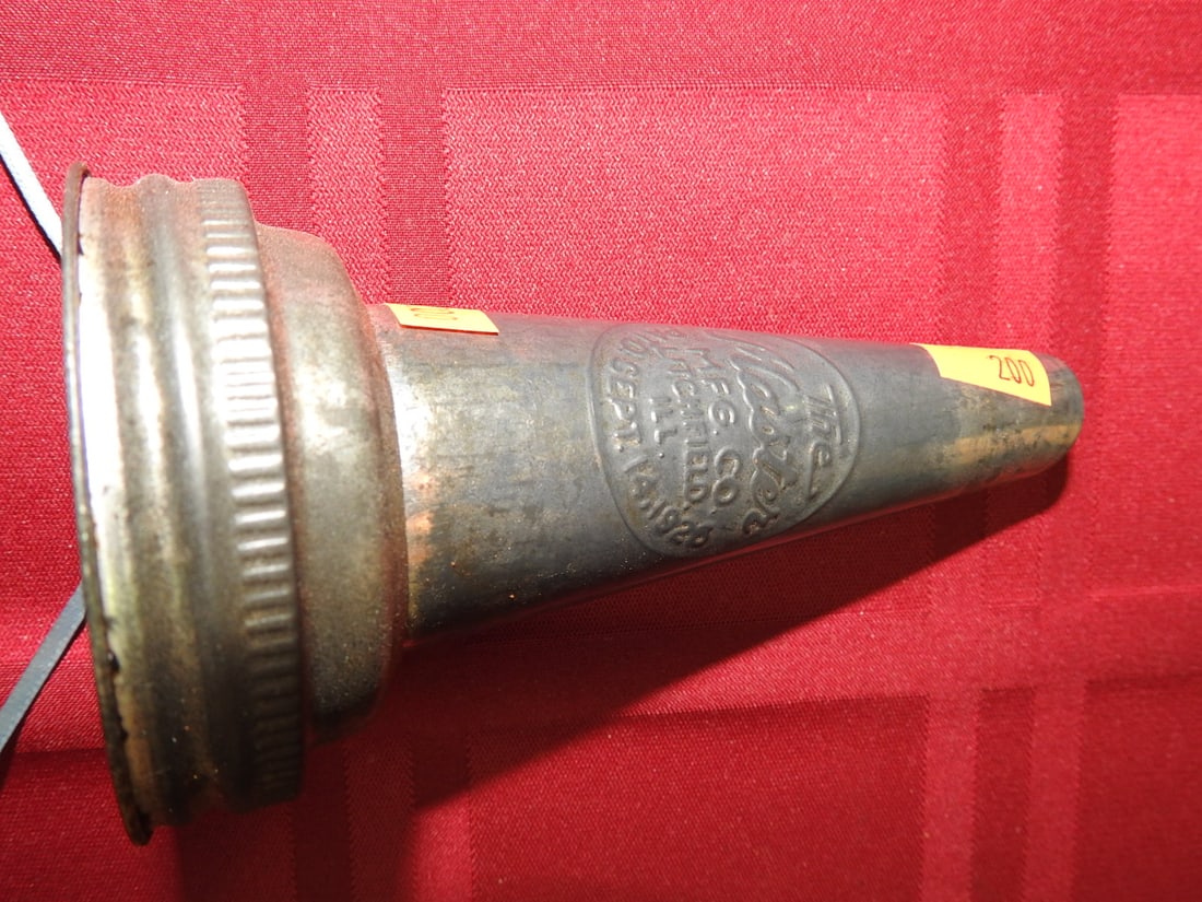 Master Oil Nozzle: Antique metal oil bottle nozzle marked The Master Oil Nozzle. Approx. 5.75 x 3 x 3 in. Empty/decorative collectible; not tested for use. Shows age-related wear, patina, finish wear, oxidation, surface
