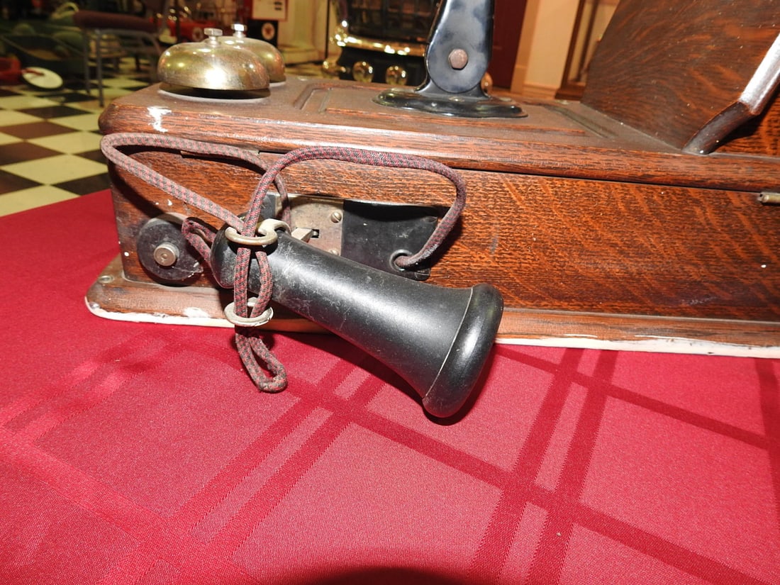 Antique Oak Desk Telephone with Bells - 2