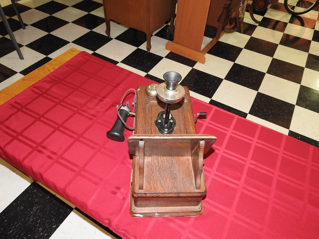 Antique Oak Desk Telephone with Bells - 3