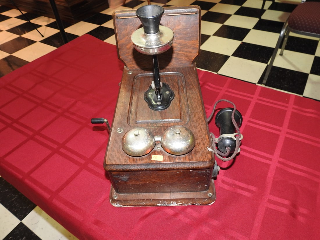Antique Oak Desk Telephone with Bells - 4