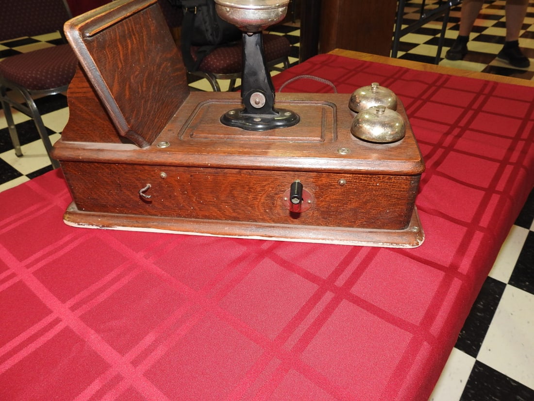Antique Oak Desk Telephone with Bells - 5