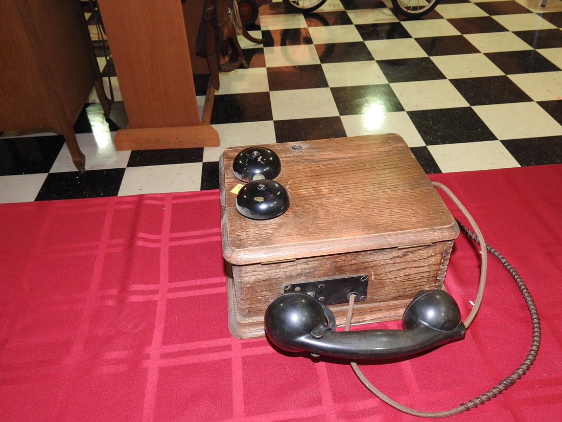 Antique Oak Magneto Desk Telephone with Double Bells - 3