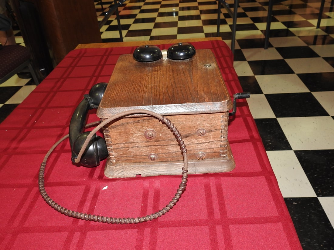 Antique Oak Magneto Desk Telephone with Double Bells - 4
