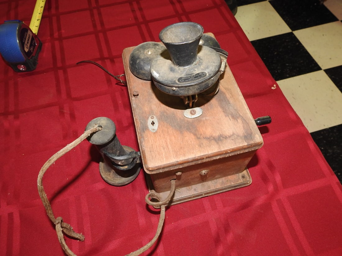 Antique Oak Magneto Telephone with Bells - 2