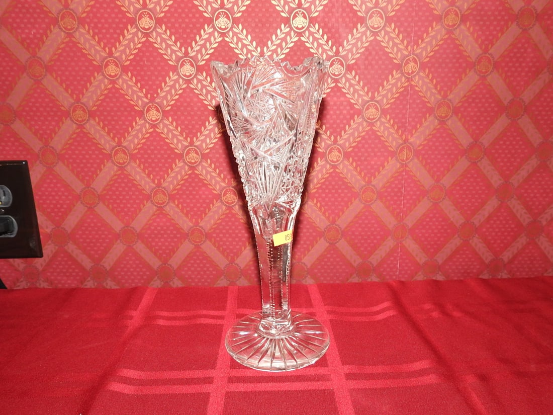 ABP Cut Crystal Trumpet Vase: American Brilliant Period style hand-cut crystal trumpet vase with flared rim and fan, hobstar and geometric cutting. Approx. 10 x 4 x 4 in. Unmarked unless otherwise noted; maker/pattern attribution 