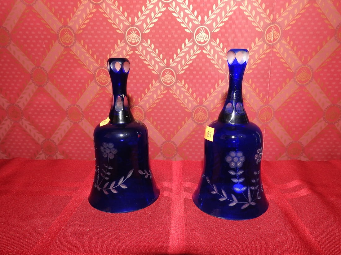 Pair Cobalt Blue Satin Glass Hand Bells: Pair of cobalt blue satin glass hand bells with etched floral and bird decoration. Approx. 5.25 x 3.25 in. Unmarked unless otherwise noted; maker/pattern attribution is based on visible form, cuts