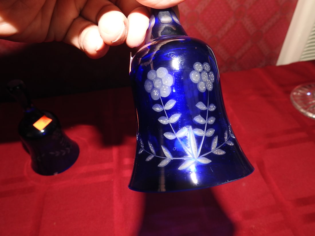 Pair Cobalt Blue Satin Glass Hand Bells - 3