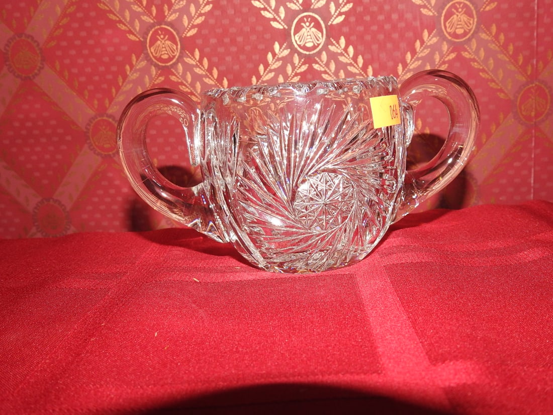 Cut Crystal Double-Handled Sugar Bowl Body, No Lid: Vintage hand-cut crystal double-handled sugar bowl body with fan and hobstar style decoration; lid not included. Approx. 3 x 6 x 3 in. Unmarked unless otherwise noted; maker/pattern attribution is