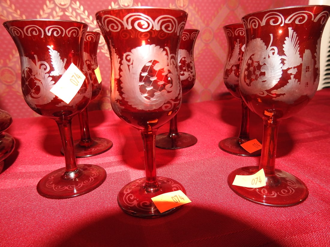 Ruby Flashed Etched Decanter with Six Cordials - 2