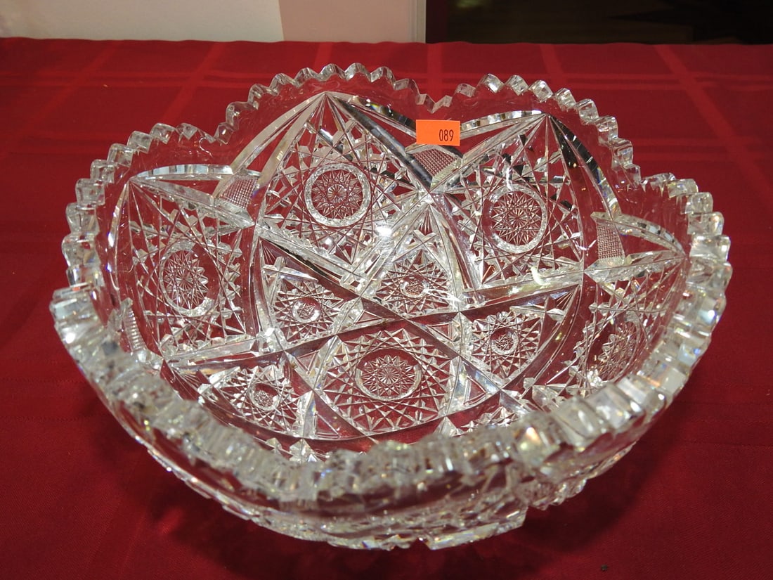 ABP Cut Glass Deep Serving Bowl: American Brilliant Period hand-cut glass deep serving bowl with hobstar, fan and geometric cut panels. Approx. 8 x 8 x 3.75 in. Unmarked unless otherwise noted; maker/pattern attribution is based on v