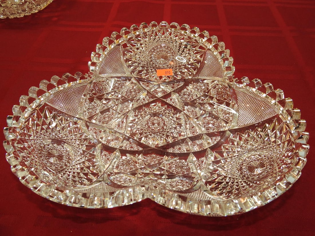 ABP Cut Glass Three-Part Relish Tray: American Brilliant Period hand-cut glass three-part relish tray with divided interior, hobstar/fan decoration and scalloped rim. Approx. 2 x 10 x 10 in. Unmarked unless otherwise noted; maker/pattern