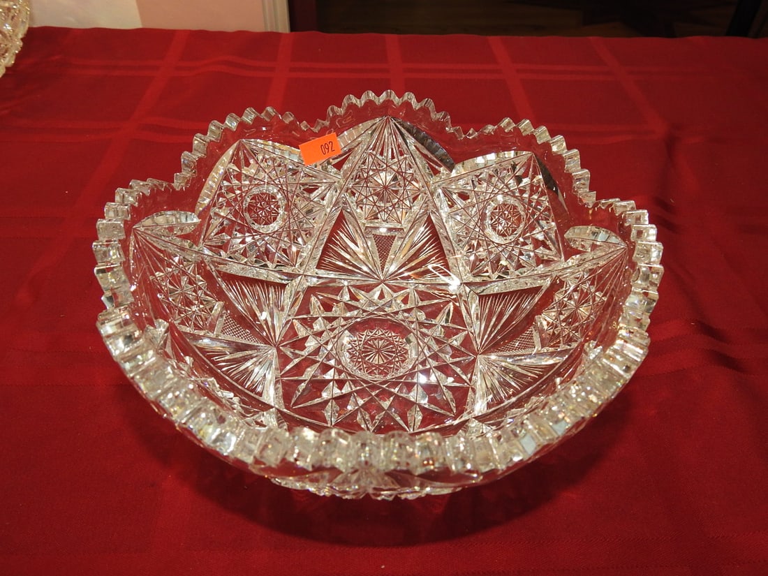 ABP Cut Glass Round Bowl, Russian-Style: American Brilliant Period hand-cut glass round bowl with Russian-style geometric hobstar patterning. Approx. 3 x 8.25 x 8.25 in. Unmarked unless otherwise noted; maker/pattern attribution is based on 