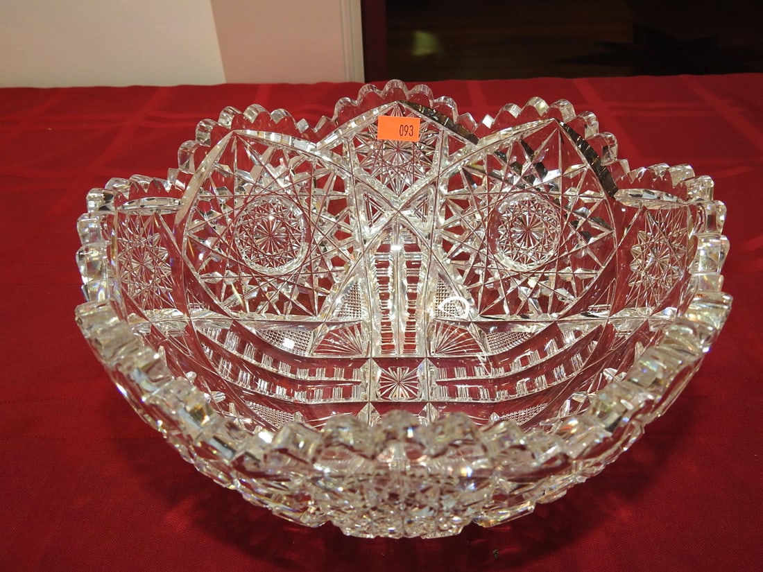 ABP Cut Glass Round Bowl: American Brilliant Period hand-cut glass round bowl with scalloped rim, hobstar and geometric cutting. Approx. 4 x 8 x 8 in. Unmarked unless otherwise noted; maker/pattern attribution is based on visi
