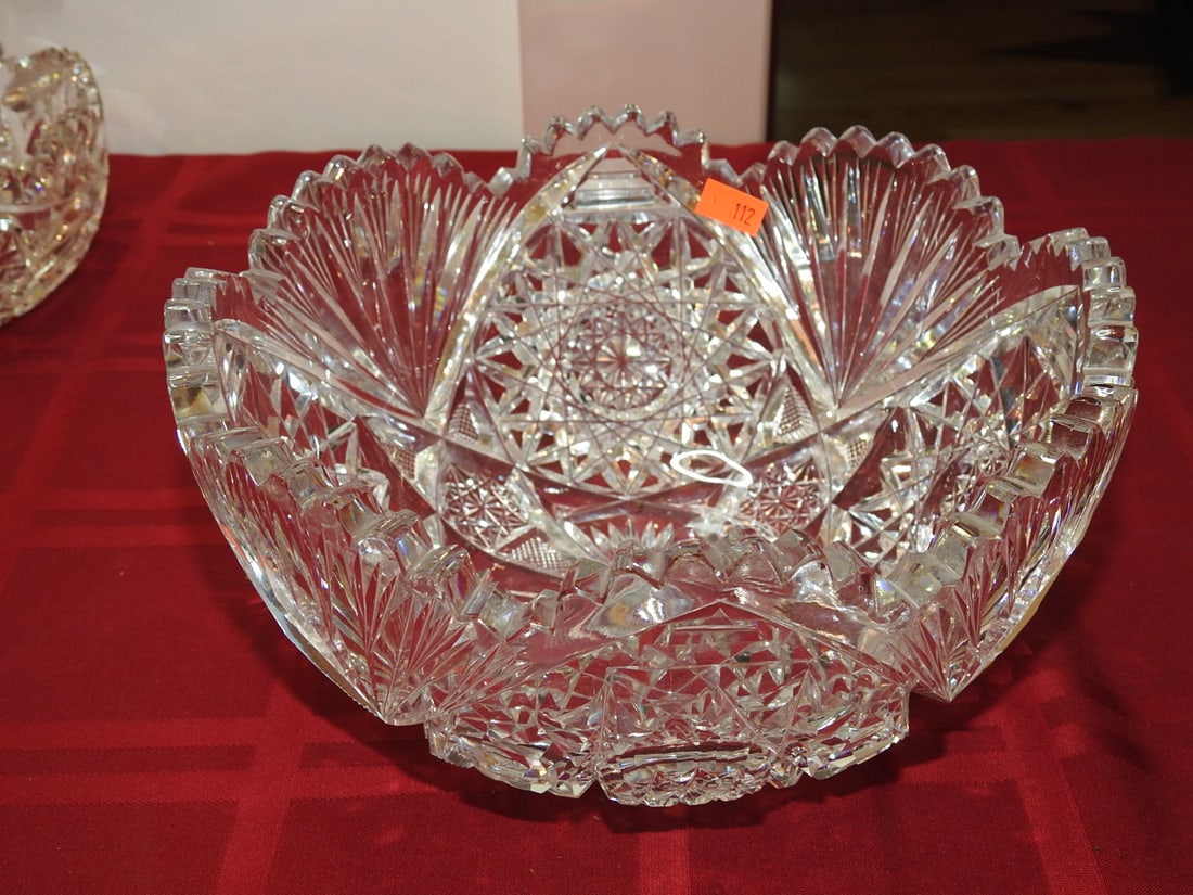 ABP Cut Glass Master Berry / Fruit Bowl: American Brilliant Period hand-cut glass master berry or fruit bowl with hobstar, fan and geometric cut decoration. Approx. 4 x 9 x 9 in. Unmarked unless otherwise noted; maker/pattern attribution is
