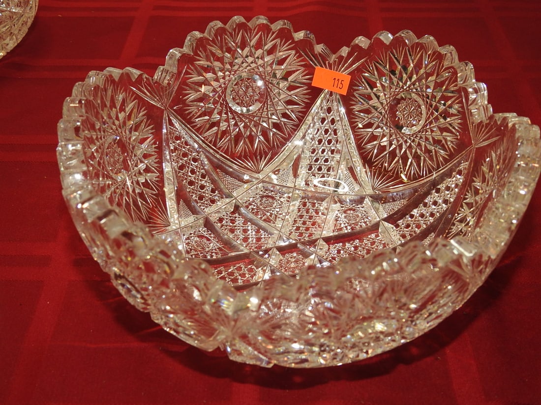 ABP Cut Glass Master Berry / Fruit Bowl: American Brilliant Period hand-cut glass master berry or fruit bowl with scalloped rim and deep geometric cut panels. Approx. 3.5 x 8 x 8 in. Unmarked unless otherwise noted; maker/pattern attribution