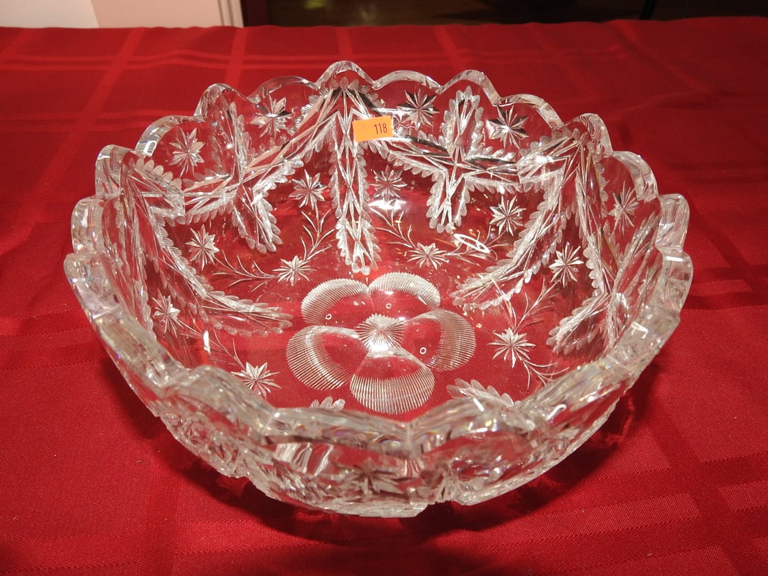 Floral Wheel-Etched Glass Console Bowl: Large floral wheel-etched glass console or centerpiece bowl with clear body and frosted floral decoration. Approx. 3.5 x 8.25 x 8.25 in. Unmarked unless otherwise noted; maker/pattern attribution is