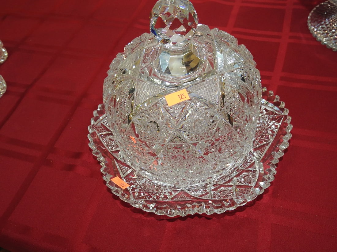Cut Glass Covered Butter / Cheese Dome: Cut glass covered butter dish, cheese dome or covered server with matching underplate and dome lid. Approx. 8.5 x 9 x 9 in. Unmarked unless otherwise noted; maker/pattern attribution is based on