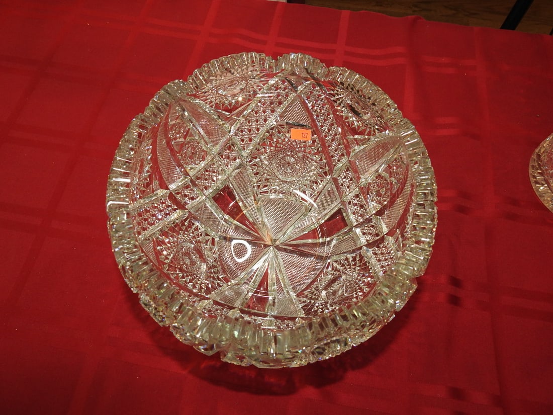 ABP Russian Pattern Punch Bowl: American Brilliant Period hand-cut glass punch bowl in a Russian-style pattern with hobstar, fan and geometric panels. Approx. 6.5 x 10.5 x 10.5 in. Unmarked unless otherwise noted; maker/pattern