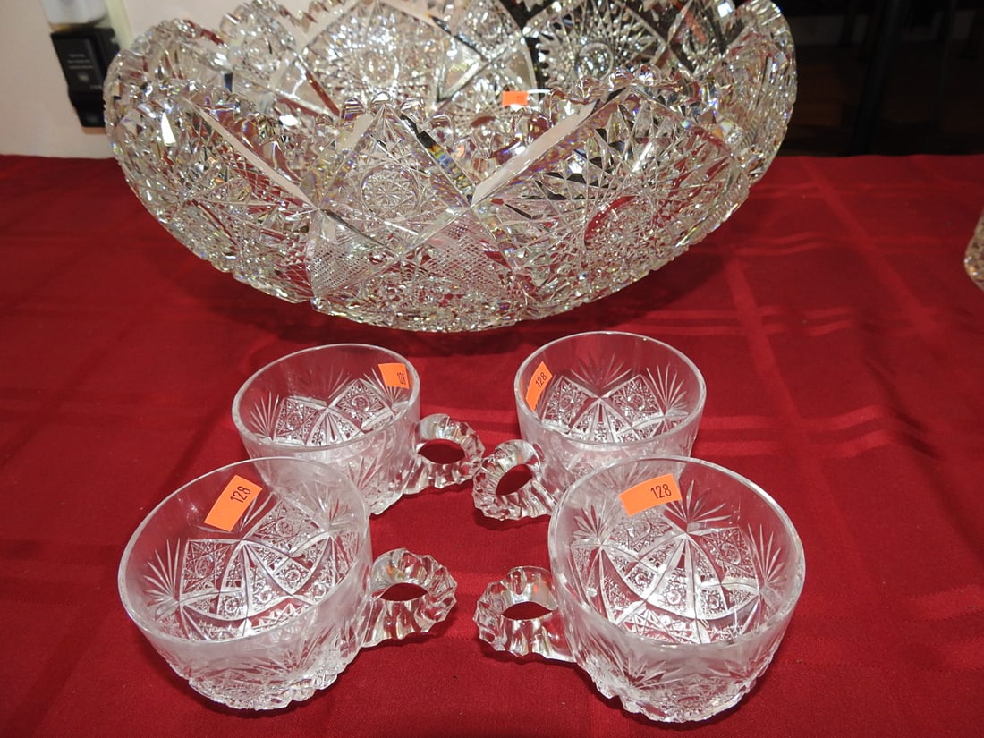 ABP Lorraine Pattern Punch Bowl Set with 24 Cups - Signed: Signed, American Brilliant Period hand-cut glass punch bowl set in the Lorraine pattern with 24 cups included. Approx. 7 x 14.5 x 14.5 in. Cups measure approximately 3 in. tall with roughly 3.25 in.