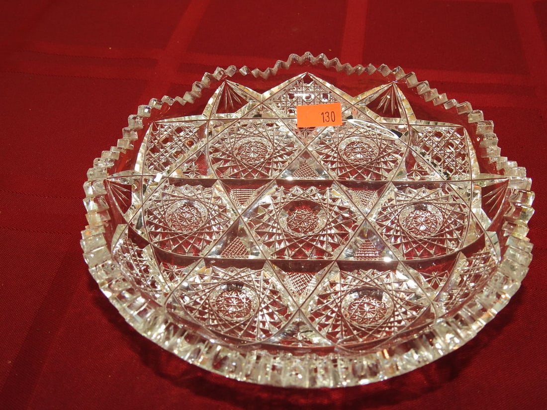 ABP Russian Pattern Round Serving Bowl: American Brilliant Period hand-cut glass round serving or berry bowl in a Russian-style geometric pattern. Approx. 1 x 6 x 6 in. Unmarked unless otherwise noted; maker/pattern attribution is based on 