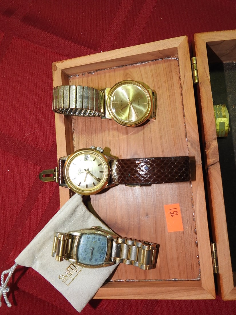 Wood Box with Timex, Wyler and Buren Watches: Wooden presentation/storage box containing three vintage wristwatches, including Timex, Wyler and Buren per notes/photos. Approx. 7.25 x 4 x 2.5 in. Watches are untested and sold as