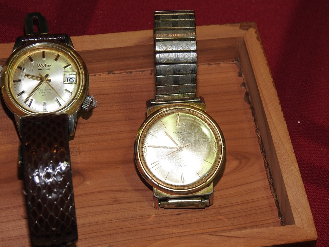 Wood Box with Timex, Wyler and Buren Watches - 3