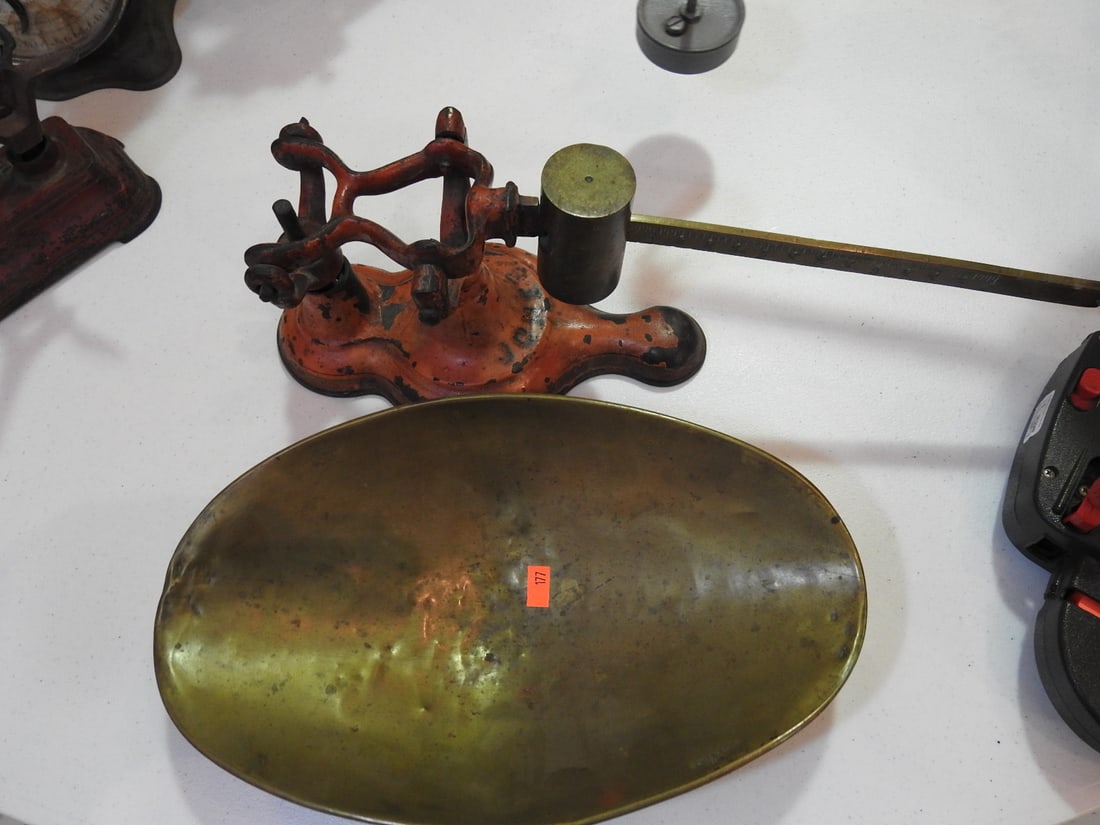 Jones Scale with Pan: Vintage Jones scale with metal pan. Pan measures approximately 12 x 7.25 x 3 in. per notes. Approx. 5 x 16 x 4.75 in. Mechanical accuracy not verified. Shows age-related wear, patina, finish wear,