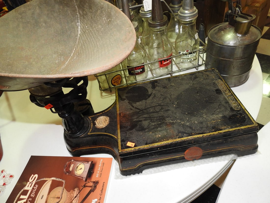 Fairbanks Counter Scale with Pan: Vintage Fairbanks counter scale with metal pan. Pan measures approximately 19 x 11 x 6 in. per notes. Approx. 13 x 22 x 22 in. Mechanical accuracy not verified. Shows age-related wear, patina, finish