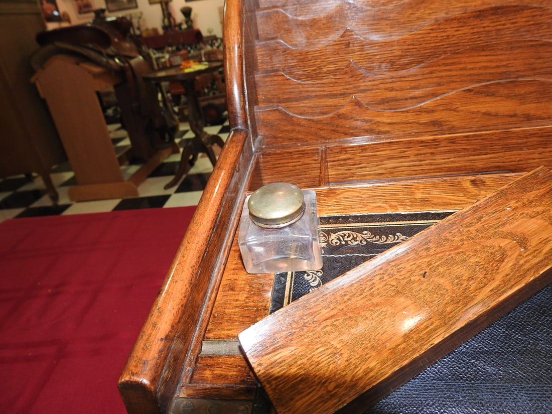 Antique Roll-Top Writing Slope with Ink Bottles - 2