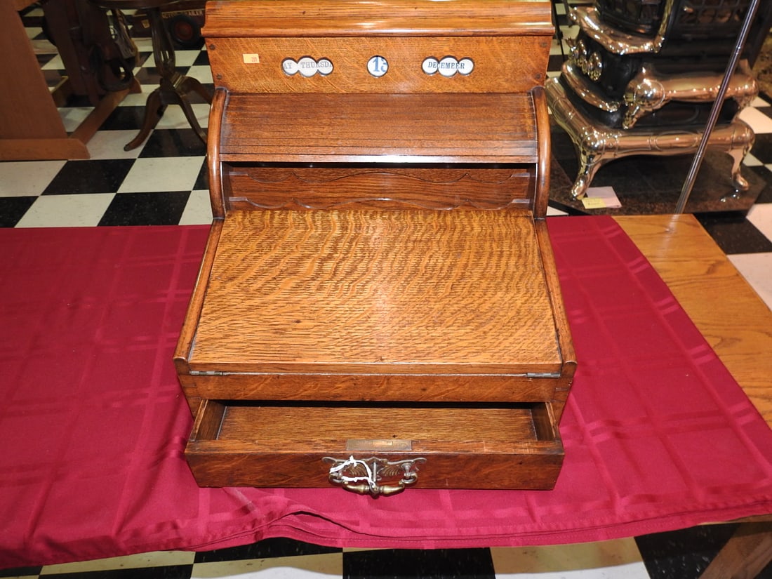 Antique Roll-Top Writing Slope with Ink Bottles - 7