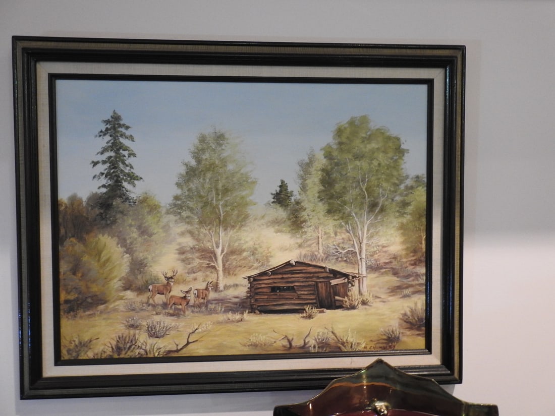 M. Chumbley Landscape Oil Painting on Canvas: Original oil on canvas landscape painting signed M. Chumbley, depicting a rustic structure and wooded setting. Approx. 23 x 29 x 2 in. Artwork and frame show age/display wear, surface marks and