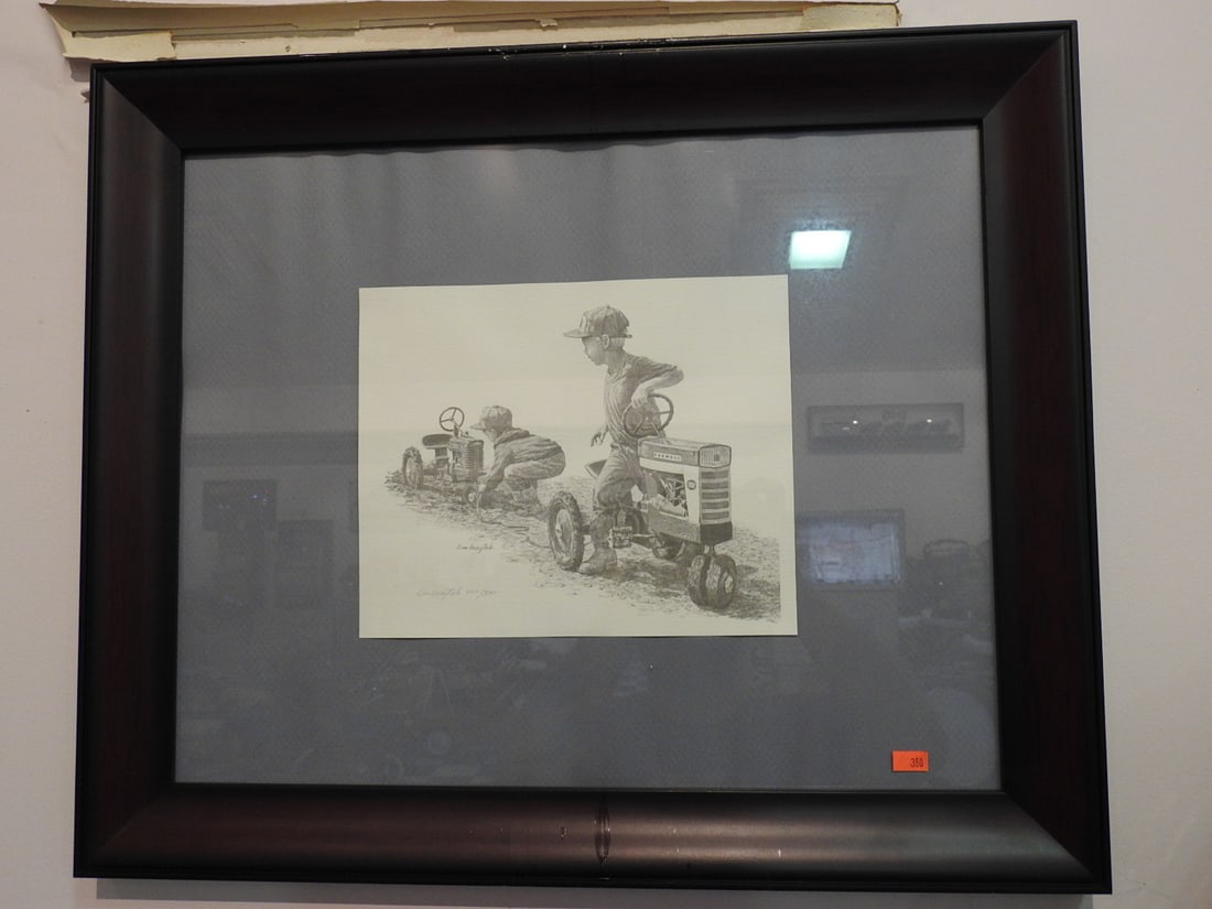 Framed Pencil Drawing by Dan Graytak: Framed pencil drawing by Dan Graytak with rural/farm subject matter. Approx. 20 x 24 x 1 in. Artwork and frame show age/display wear, surface marks and frame wear; see photos for condition details.