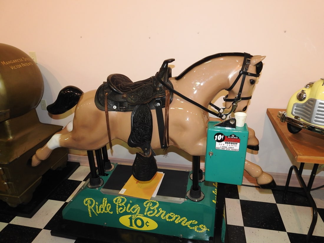 Restored High Ho Big Bronco Ride-On Horse: Completely restored High Ho Big Bronco ride-on horse with large display form and restored finish. Approx. 52 x 67 x 28 in. Consignor notes indicate complete restoration. Shows light display wear,