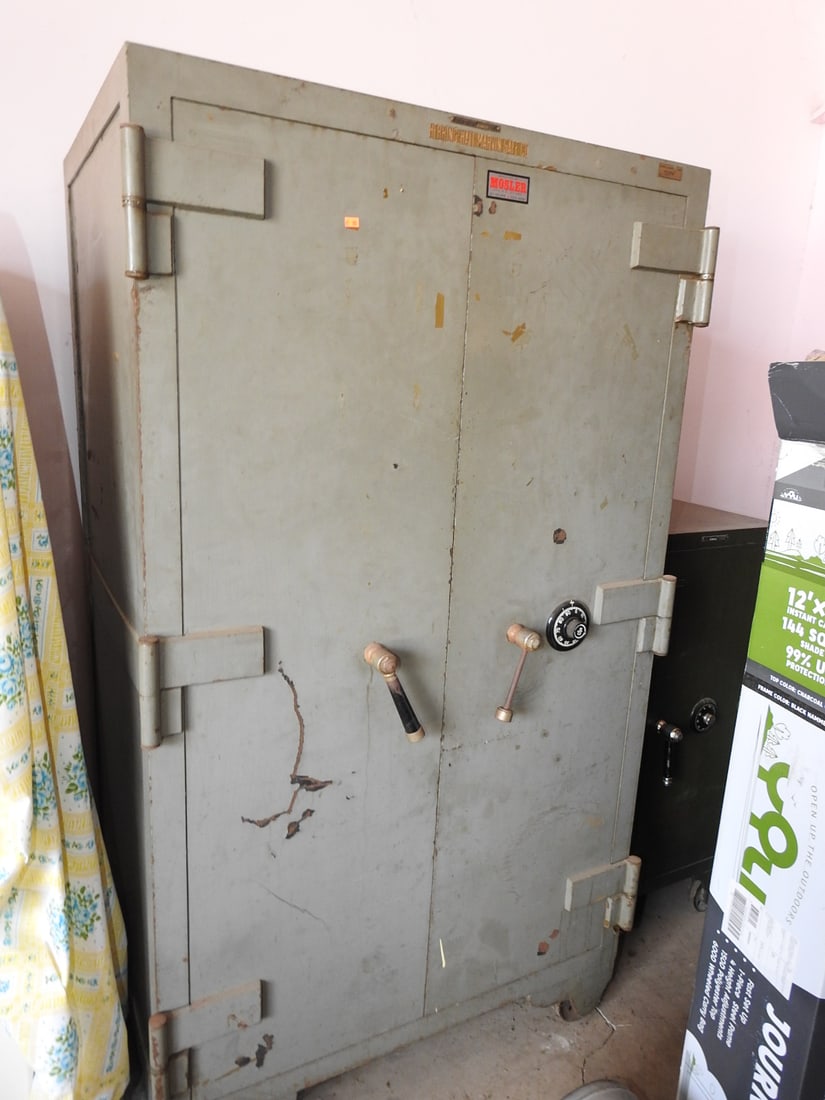 Herring-Hall-Marvin Large Safe: Large antique/vintage Herring-Hall-Marvin safe with gray exterior, yellow interior, double doors, interior shelves, and compartment door. Right handle grip is missing per notes. Extremely heavy; freig