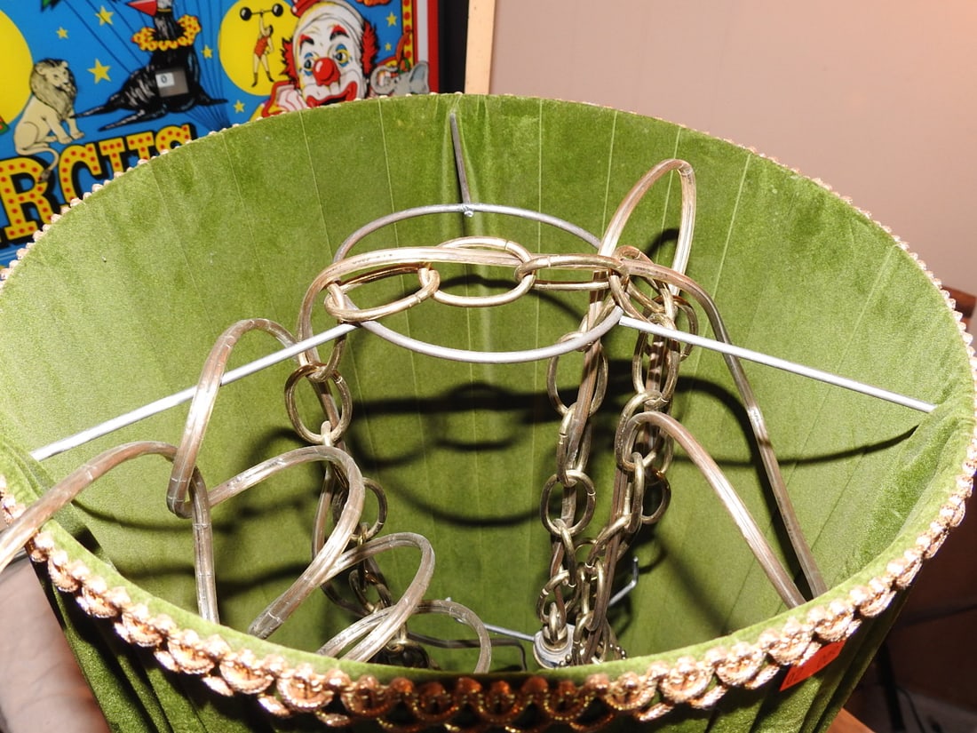 Vintage 1970s Green Velvet Hanging Lamp: Vintage 1970s green velvet hanging swag lamp/shade with gathered/slashed fabric shade, chain, wiring, and gold-tone trim. Full string/chain included per notes. Electrical function not fully verified;